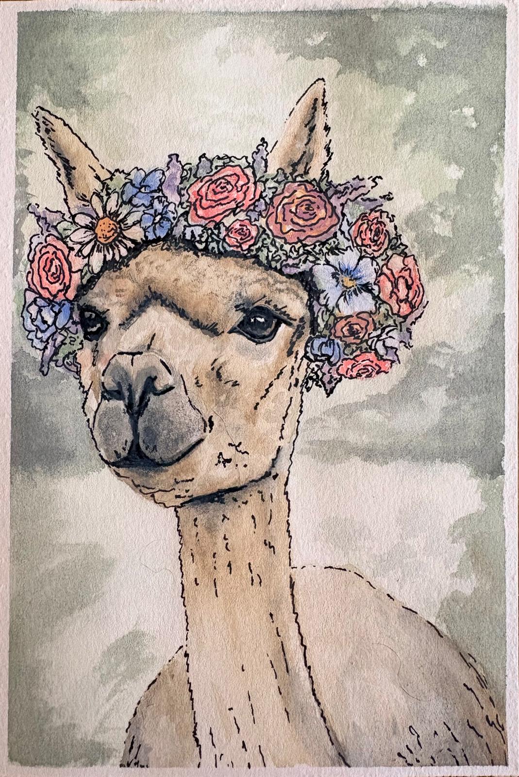 gift card painting of alpaca with floral headband