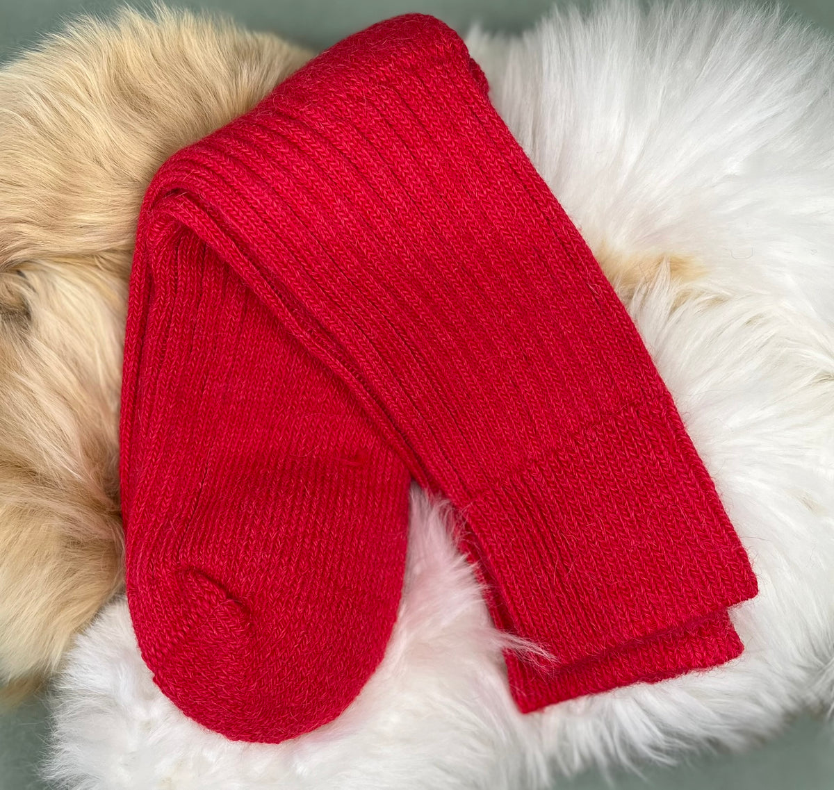 Cherry red alpaca short ribbed socks on a fluffy white surface