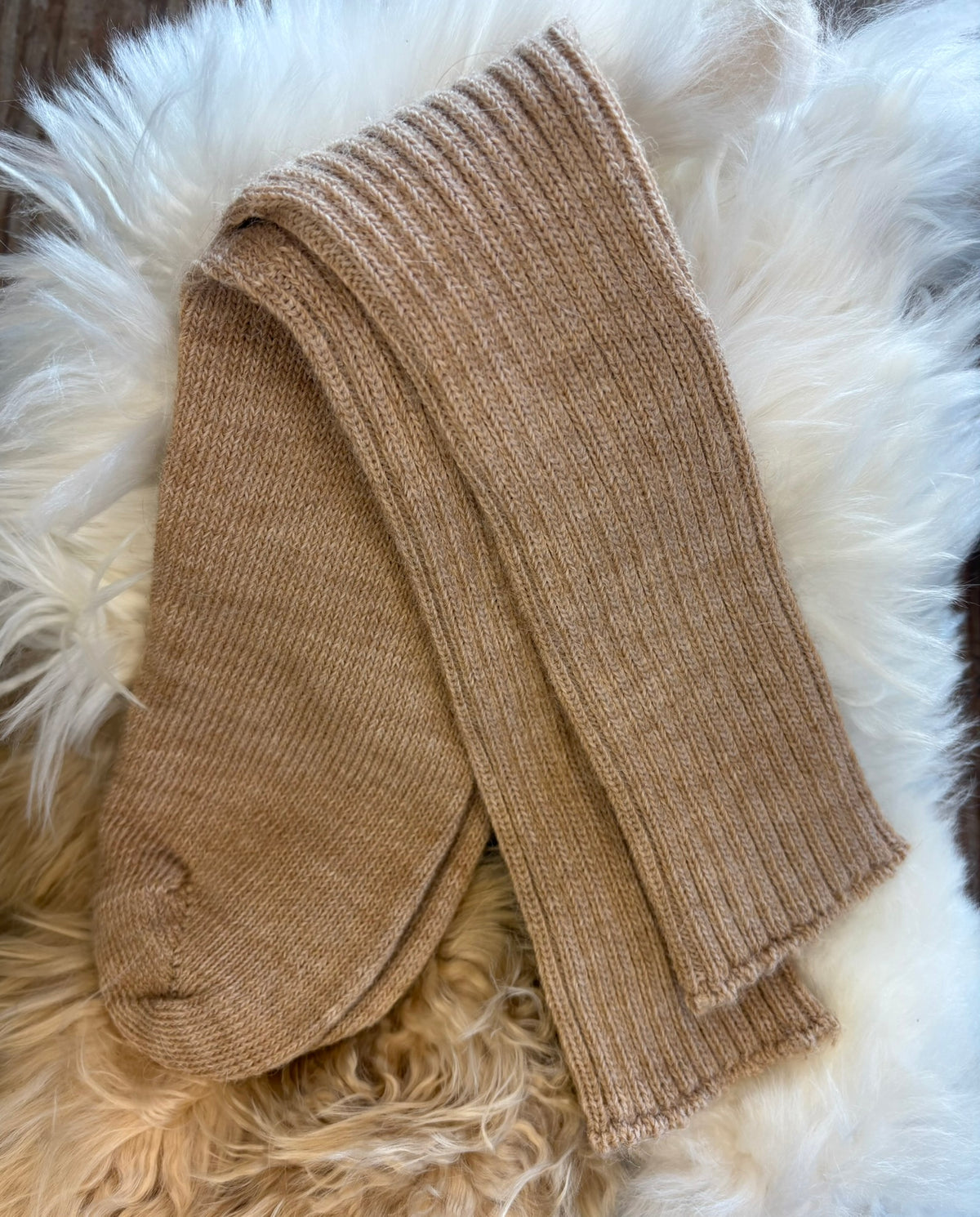 Fawn soft topped everyday alpaca sock on fluffy background
