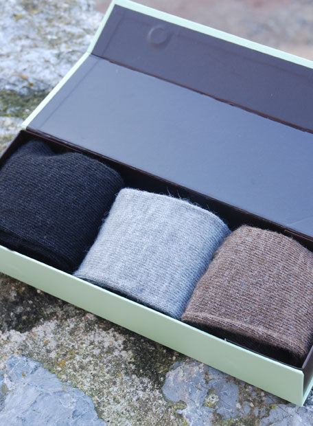 Trio of Natural colour alpaca socks in a gift box